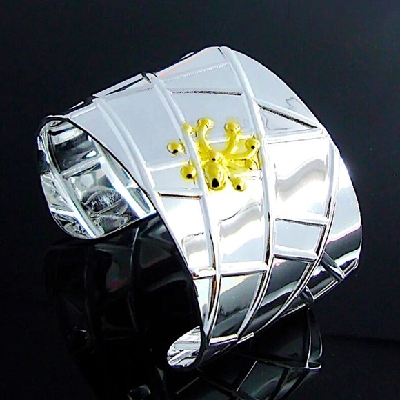 Sterling Silver Wide Bangle Gold Spider Two Tone Bangle Luxury Bracelet - Picture 7 of 12